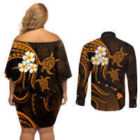 Hawaii Couples Off Shoulder Short Dress and Long Sleeve Button Shirts Lanai Islands Polynesian Sunset Plumeria Gold Vibe LT9 - Polynesian Pride