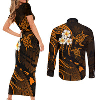 Hawaii Couples Short Sleeve Bodycon Dress and Long Sleeve Button Shirts Lanai Islands Polynesian Sunset Plumeria Gold Vibe LT9 - Polynesian Pride