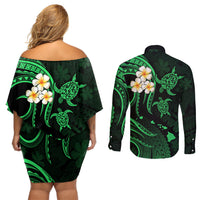Hawaii Couples Off Shoulder Short Dress and Long Sleeve Button Shirts Lanai Islands Polynesian Sunset Plumeria Green Vibe LT9 - Polynesian Pride