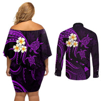 Polynesian Hawaii Couples Off Shoulder Short Dress and Long Sleeve Button Shirts Lanai Islands with Pacific Plumeria Purple Vibe LT9 - Polynesian Pride