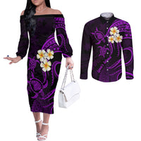 Polynesian Hawaii Couples Off The Shoulder Long Sleeve Dress and Long Sleeve Button Shirts Lanai Islands with Pacific Plumeria Purple Vibe LT9 Purple - Polynesian Pride