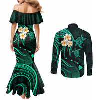 Polynesian Hawaii Couples Mermaid Dress and Long Sleeve Button Shirts Lanai Islands with Pacific Plumeria Turquoise Vibe LT9 - Polynesian Pride