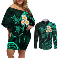 Polynesian Hawaii Couples Off Shoulder Short Dress and Long Sleeve Button Shirts Lanai Islands with Pacific Plumeria Turquoise Vibe LT9 Turquoise - Polynesian Pride