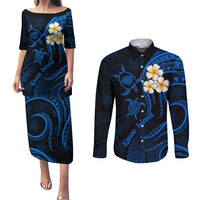 Hawaii Couples Puletasi Dress and Long Sleeve Button Shirts Kauai Islands Polynesian Sunset Plumeria LT9 Blue - Polynesian Pride