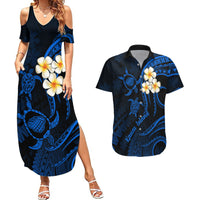 Hawaii Couples Summer Maxi Dress and Hawaiian Shirt Kauai Islands Polynesian Sunset Plumeria LT9 Blue - Polynesian Pride