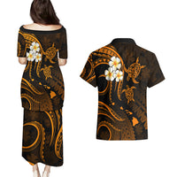 Hawaii Couples Puletasi Dress and Hawaiian Shirt Kauai Islands Polynesian Sunset Plumeria Gold Vibe LT9 - Polynesian Pride