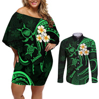 Hawaii Couples Off Shoulder Short Dress and Long Sleeve Button Shirts Kauai Islands Polynesian Sunset Plumeria Green Vibe LT9 Green - Polynesian Pride