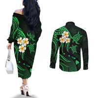 Hawaii Couples Off The Shoulder Long Sleeve Dress and Long Sleeve Button Shirts Kauai Islands Polynesian Sunset Plumeria Green Vibe LT9 - Polynesian Pride