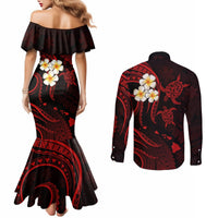 Polynesian Hawaii Couples Mermaid Dress and Long Sleeve Button Shirts Kauai Islands with Pacific Plumeria Red Vibe LT9 - Polynesian Pride
