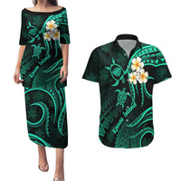 Polynesian Hawaii Couples Puletasi Dress and Hawaiian Shirt Kauai Islands with Pacific Plumeria Turquoise Vibe LT9 Turquoise - Polynesian Pride
