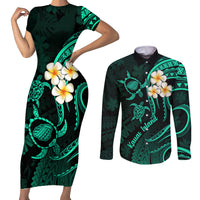 Polynesian Hawaii Couples Short Sleeve Bodycon Dress and Long Sleeve Button Shirts Kauai Islands with Pacific Plumeria Turquoise Vibe LT9 Turquoise - Polynesian Pride