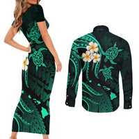 Polynesian Hawaii Couples Short Sleeve Bodycon Dress and Long Sleeve Button Shirts Kauai Islands with Pacific Plumeria Turquoise Vibe LT9 - Polynesian Pride