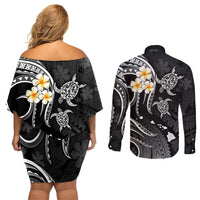 Polynesian Hawaii Couples Off Shoulder Short Dress and Long Sleeve Button Shirts Kauai Islands with Pacific Plumeria White Vibe LT9 - Polynesian Pride