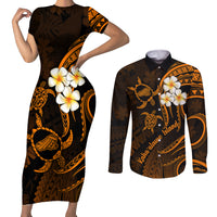 Hawaii Couples Short Sleeve Bodycon Dress and Long Sleeve Button Shirts Kahoolawe Islands Polynesian Sunset Plumeria Gold Vibe LT9 Gold - Polynesian Pride