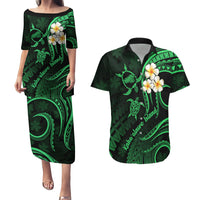 Hawaii Couples Puletasi Dress and Hawaiian Shirt Kahoolawe Islands Polynesian Sunset Plumeria Green Vibe LT9 Green - Polynesian Pride