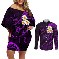 Polynesian Hawaii Couples Off Shoulder Short Dress and Long Sleeve Button Shirts Kahoolawe Islands with Pacific Plumeria Purple Vibe LT9 Purple - Polynesian Pride