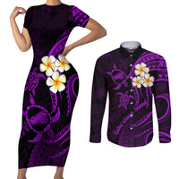 Polynesian Hawaii Couples Short Sleeve Bodycon Dress and Long Sleeve Button Shirts Kahoolawe Islands with Pacific Plumeria Purple Vibe LT9 Purple - Polynesian Pride