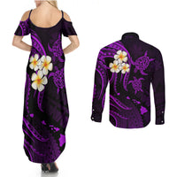 Polynesian Hawaii Couples Summer Maxi Dress and Long Sleeve Button Shirts Kahoolawe Islands with Pacific Plumeria Purple Vibe LT9 - Polynesian Pride