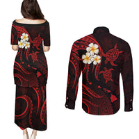 Polynesian Hawaii Couples Puletasi Dress and Long Sleeve Button Shirts Kahoolawe Islands with Pacific Plumeria Red Vibe LT9 - Polynesian Pride