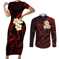 Polynesian Hawaii Couples Short Sleeve Bodycon Dress and Long Sleeve Button Shirts Kahoolawe Islands with Pacific Plumeria Red Vibe LT9 Red - Polynesian Pride