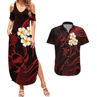 Polynesian Hawaii Couples Summer Maxi Dress and Hawaiian Shirt Kahoolawe Islands with Pacific Plumeria Red Vibe LT9 Red - Polynesian Pride