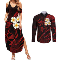 Polynesian Hawaii Couples Summer Maxi Dress and Long Sleeve Button Shirts Kahoolawe Islands with Pacific Plumeria Red Vibe LT9 Red - Polynesian Pride