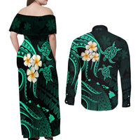 Polynesian Hawaii Couples Off Shoulder Maxi Dress and Long Sleeve Button Shirts Kahoolawe Islands with Pacific Plumeria Turquoise Vibe LT9 - Polynesian Pride