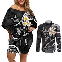 Polynesian Hawaii Couples Off Shoulder Short Dress and Long Sleeve Button Shirts Kahoolawe Islands with Pacific Plumeria White Vibe LT9 White - Polynesian Pride