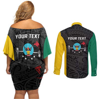 Personalised PNG Hela Province Couples Matching Off Shoulder Short Dress and Long Sleeve Button Shirt Bird of Paradise Tattoo Flag Motif - Polynesian Pride
