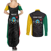 Personalised PNG Hela Province Couples Matching Summer Maxi Dress and Long Sleeve Button Shirt Bird of Paradise Tattoo Flag Motif - Polynesian Pride