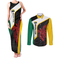 Personalised PNG Hela Province Couples Matching Tank Maxi Dress and Long Sleeve Button Shirt Bird of Paradise Tattoo Flag Motif - Polynesian Pride