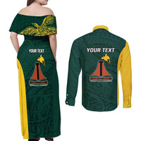 Personalised PNG Jiwaka Province Couples Matching Off Shoulder Maxi Dress and Long Sleeve Button Shirt Bird of Paradise Tattoo Flag Motif - Polynesian Pride