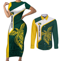 Personalised PNG Jiwaka Province Couples Matching Short Sleeve Bodycon Dress and Long Sleeve Button Shirt Bird of Paradise Tattoo Flag Motif - Polynesian Pride