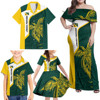 Personalised PNG Jiwaka Province Family Matching Off Shoulder Maxi Dress and Hawaiian Shirt Bird of Paradise Tattoo Flag Motif - Polynesian Pride