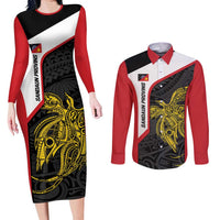 Personalised PNG Sandaun Province Couples Matching Long Sleeve Bodycon Dress and Long Sleeve Button Shirt Bird of Paradise Tattoo Flag Motif - Polynesian Pride