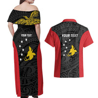 Personalised PNG Sandaun Province Couples Matching Off Shoulder Maxi Dress and Hawaiian Shirt Bird of Paradise Tattoo Flag Motif - Polynesian Pride