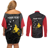 Personalised PNG Sandaun Province Couples Matching Off Shoulder Short Dress and Long Sleeve Button Shirt Bird of Paradise Tattoo Flag Motif - Polynesian Pride