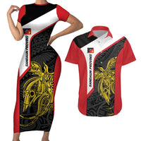Personalised PNG Sandaun Province Couples Matching Short Sleeve Bodycon Dress and Hawaiian Shirt Bird of Paradise Tattoo Flag Motif - Polynesian Pride