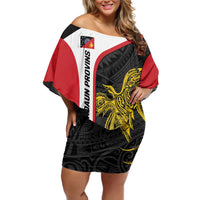 Personalised PNG Sandaun Province Family Matching Off Shoulder Short Dress and Hawaiian Shirt Bird of Paradise Tattoo Flag Motif - Polynesian Pride