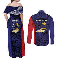 Personalised PNG West New Britain Province Couples Matching Off Shoulder Maxi Dress and Long Sleeve Button Shirt Bird of Paradise Tattoo Flag Motif - Polynesian Pride