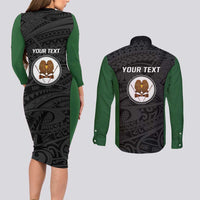 Personalised PNG Western Highlands Province Couples Matching Long Sleeve Bodycon Dress and Long Sleeve Button Shirt Bird of Paradise Tattoo Flag Motif - Polynesian Pride