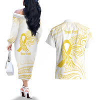 Be Bold Go Gold Polyneisan Ribbon Childhood Personalised Couples Matching Off The Shoulder Long Sleeve Dress and Hawaiian Shirt