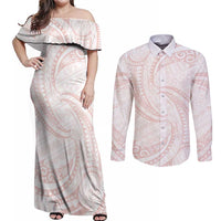 White Sunday Lotu Tamaiti Couples Matching Off Shoulder Maxi Dress and Long Sleeve Button Shirt Polynesian Wave Pastel Blush - Polynesian Pride