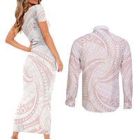 White Sunday Lotu Tamaiti Couples Matching Short Sleeve Bodycon Dress and Long Sleeve Button Shirt Polynesian Wave Pastel Blush - Polynesian Pride