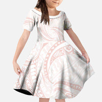 White Sunday Lotu Tamaiti Family Matching Off The Shoulder Long Sleeve Dress and Hawaiian Shirt Polynesian Wave Pastel Blush - Polynesian Pride