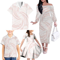 White Sunday Lotu Tamaiti Family Matching Off The Shoulder Long Sleeve Dress and Hawaiian Shirt Polynesian Wave Pastel Blush - Polynesian Pride