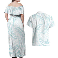 White Sunday Lotu Tamaiti Couples Matching Off Shoulder Maxi Dress and Hawaiian Shirt Polynesian Wave Pastel Cyan - Polynesian Pride