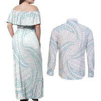White Sunday Lotu Tamaiti Couples Matching Off Shoulder Maxi Dress and Long Sleeve Button Shirt Polynesian Wave Pastel Cyan - Polynesian Pride