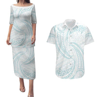 White Sunday Lotu Tamaiti Couples Matching Puletasi and Hawaiian Shirt Polynesian Wave Pastel Cyan - Polynesian Pride