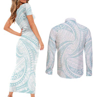 White Sunday Lotu Tamaiti Couples Matching Short Sleeve Bodycon Dress and Long Sleeve Button Shirt Polynesian Wave Pastel Cyan - Polynesian Pride